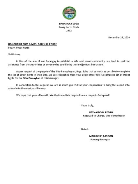 request letter sample for barangay|Writing a request to use Barangay hall .